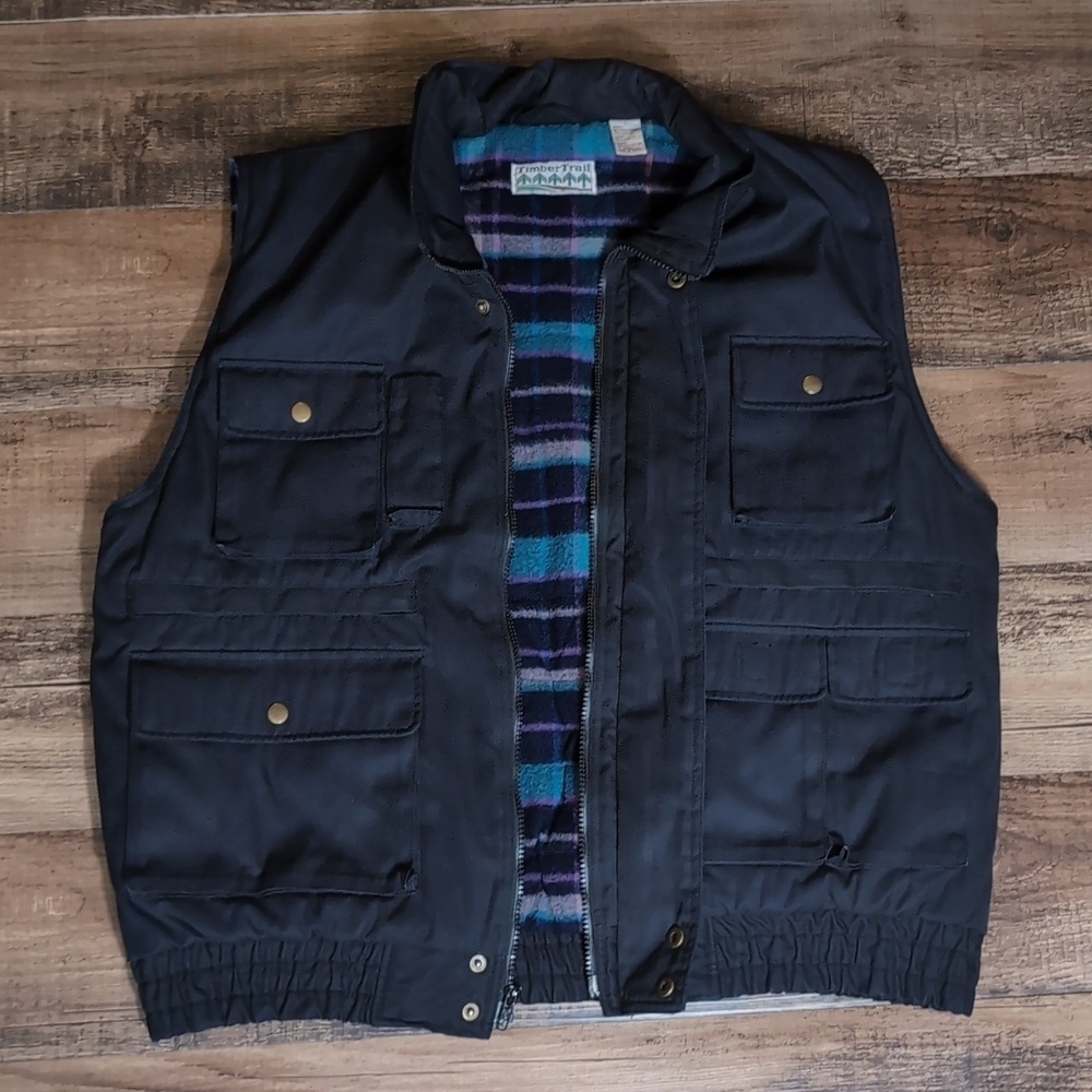 Vintage Timber Trail Flannel Fleece Lined Vest Size Large in Navy Blue